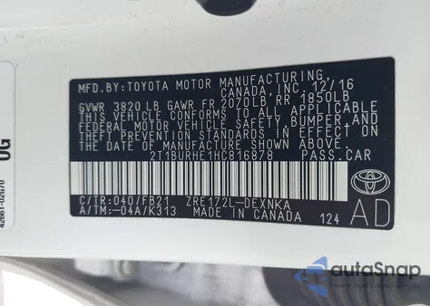 2017 Toyota Corolla Le from USA, damaged, VIN 2T1BURHE1HC816878